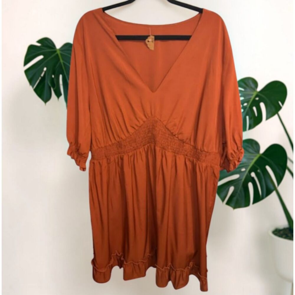 Women's Rust Smocked Waist Ruffle Hem Dress – Puff Sleeve Fall Dress